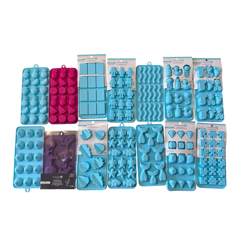 Celebrate It Silicone Candy Molds 14pc Set Novelty Lot Fruit Baby Leaf Mermaid